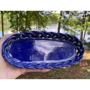 PRIMO'GI BASSANO Cobalt Blue Ceramic Basket Woven Made in Italy Org Gold Label